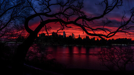 Silhouetted Tree Branches Frame a Vibrant Cityscape at Sunset Across a Tranquil River