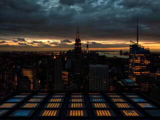 Obraz premium Cityscape at Sunset Illuminates a Rooftop with Glowing Panels at Night Dramatically