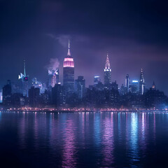 Obraz premium City Skyline Illuminates Night Sky Reflecting in Calm Water with Vibrant Colors
