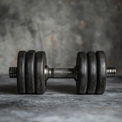 Naklejka premium A close-up of a heavy black dumbbell resting on a textured surface, symbolizing strength and fitness.