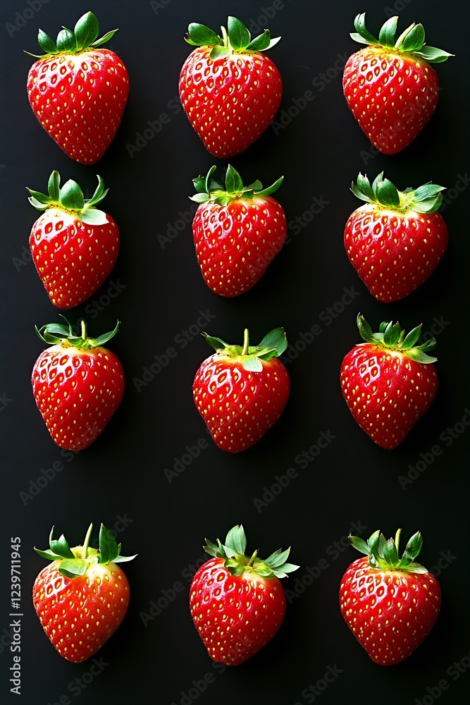 Poster fresh strawberries arranged neatly on a dark background showcasing their bright red color and green 