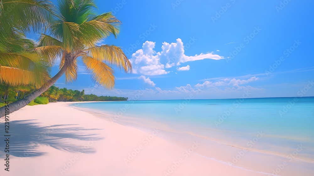 Poster stunning tropical beach landscape with golden sands and lush palm trees perfect for relaxation and e