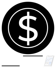 Dollar sign inside a bold circle with a financial document at the bottom. Ideal for finance concepts, budgeting, accounting, savings, investments, business planning, and abstract line flat metaphor