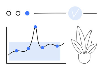 Fototapeta premium Abstract line graph with data points plant in pot and circular check mark. Ideal for data analysis, growth, progress, success, technology, business, simplicity. Line metaphor