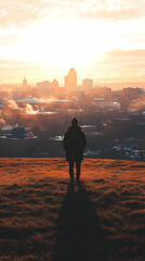 Fototapeta premium Silhouetted Figure Overlooks Cityscape at Golden Hour from Hilltop Vantage Point