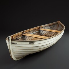 A wooden rowboat with a white exterior and wooden interior, set against a dark background, showcasing its classic design and craftsmanship.