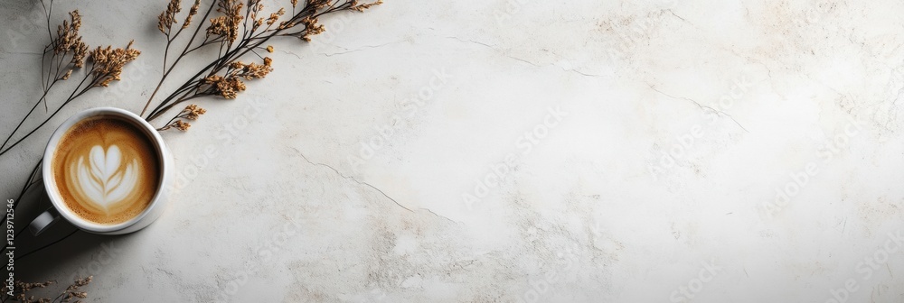 Poster coffee cup with heart latte art and dried flowers on textured surface in cozy setting during daytime