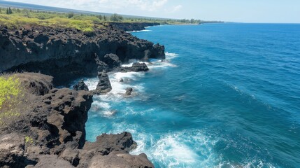 Vibrant Blue Ocean Meeting Dark Volcanic Coastline Under Sunny Sky