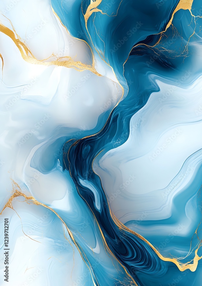 Poster Abstract Fluid Art in Blue and Gold Tones with Swirling Patterns and Textures in a Modern Design : Generative AI