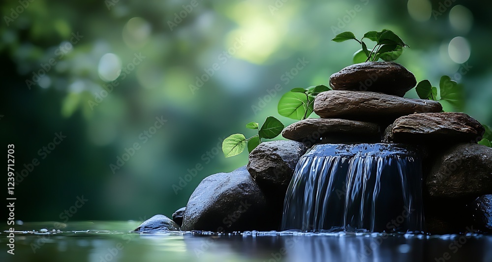 Poster Beautiful Cascading Water Over Smooth Stones with Green Foliage in a Lush Natural Setting : Generative AI