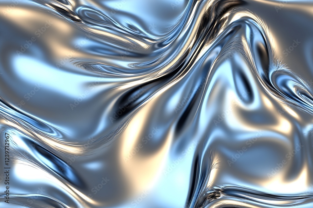 Poster sculpted metallic surface in shades of blue and silver showcasing fluid abstract design and reflecti