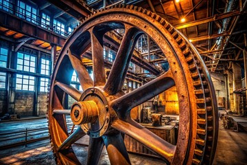 Giant Industrial Factory Wheel, Steel Structure, Architectural Detail, Close-up