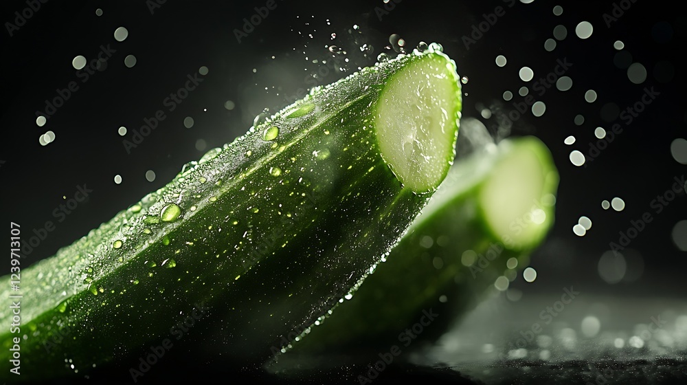 Poster Vibrant Slices of Cucumber with Water Beads Creating a Healthy and Refreshing Look for Culinary Use : Generative AI