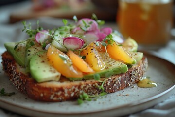 Avocado Toast with Fresh Seasonal Vegetables: The Perfect Healthy Breakfast Open-Faced Sandwich on Whole Grain Artisan Bread