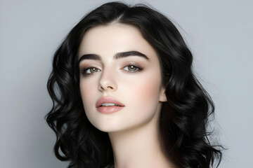 Naklejka premium Portrait of a Young Woman with Wavy Black Hair Poses Elegantly Against a Neutral Backdrop