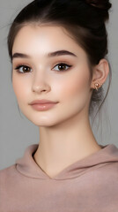 Fototapeta premium Young Woman Poses Serenely in Soft Pink Hoodie with Gentle, Natural Makeup, and Simple Gold Earrings