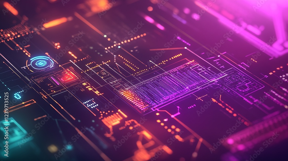 Poster Dynamic Digital Artwork Featuring Colorful Circuitry and Innovative Designs in a Layered Format : Generative AI