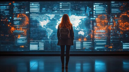 Woman with backpack gazing at interactive digital world map in a futuristic setting