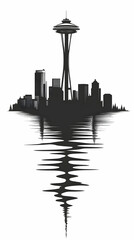 Naklejka premium City Skyline Silhouette Reflects in Rippled Water with Iconic Tower Dominating Urban Landscape