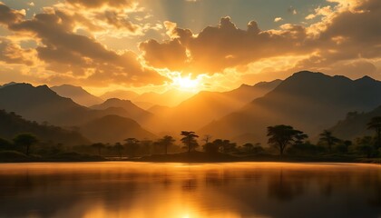 Fototapeta premium Golden Sunset Mountain Lake Landscape Photography