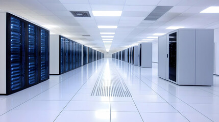 Server Room Houses Network Servers in a Data Center with Bright Lights and Reflective Floor