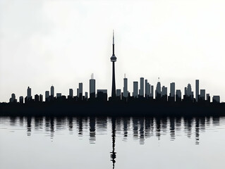 Obraz premium Cityscape Silhouette Reflects in Calm Water under Pale Sky