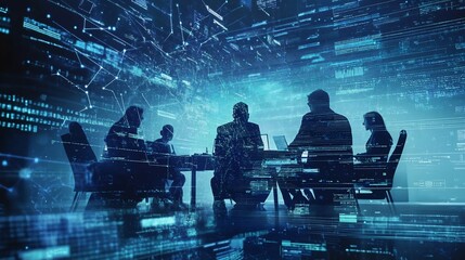 Data-driven teamwork meeting in a futuristic digital environment with overlay