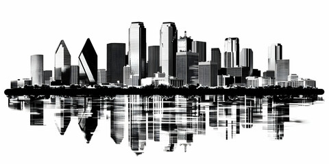 Obraz premium Modern City Skyline Reflects in Water with Abstract Glitch Effect in Black and White