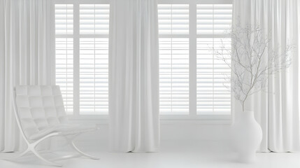 Fototapeta premium White Room Interior with Chair, Vase, Curtains, and Window Shutters Serenely Illuminated.