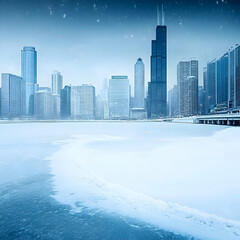 City Skyline with Frozen River during Winter Snowfall