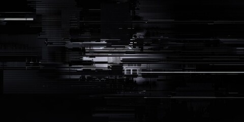 A pure black surface with minimalistic, digital glitch effects, Structured and fragmented composition