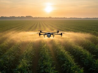 agricultural drone spraying pesticides over vast green soybean field at sunrise, creating misty patterns in golden light