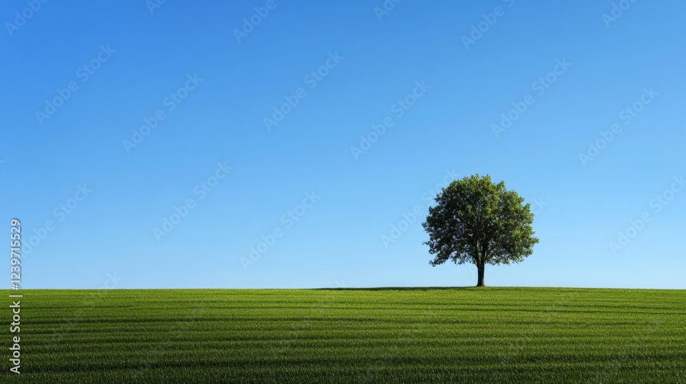 Aufkleber lone tree stands gracefully on rolling green field under clear blue sky at midday. generative ai