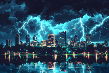 Fototapeta premium Cityscape Reflects in Water During Electric Storm at Night Intensely