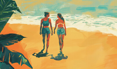 women, walking on the beach, swimming, holiday, editorial illustration, simple, minimalist, exercise, beach , diverse simple wallart illustration, gouache painting