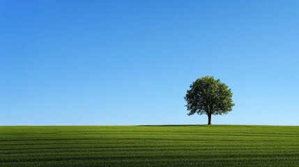Lone tree stands gracefully on rolling green field under clear blue sky at midday. Generative AI