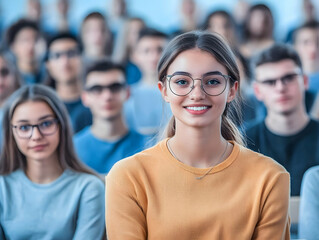 Fototapeta premium Smiling Student Sits in Class with Other Blurred Students in the Background Confidently