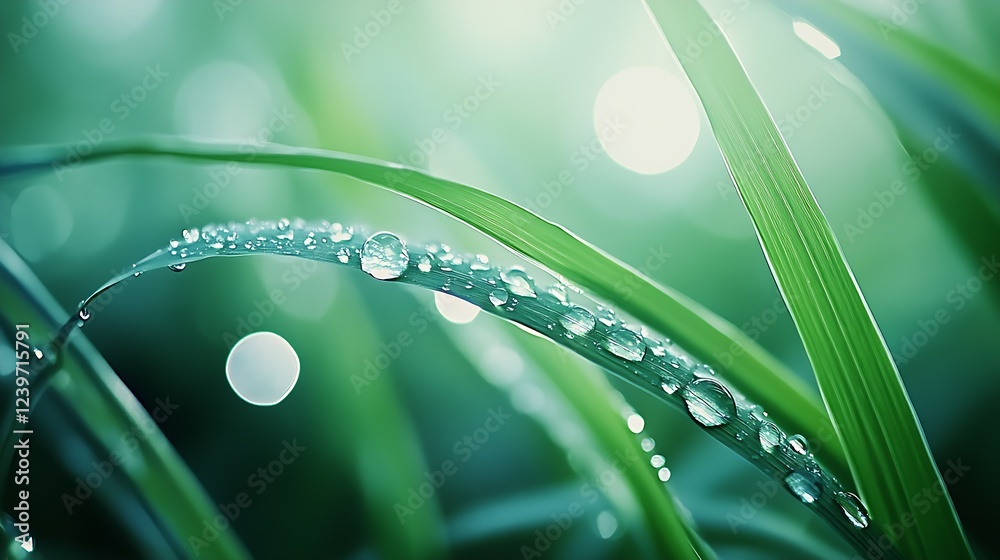 Poster glowing green grass leaf with water drops captured in soft ethereal light : generative ai