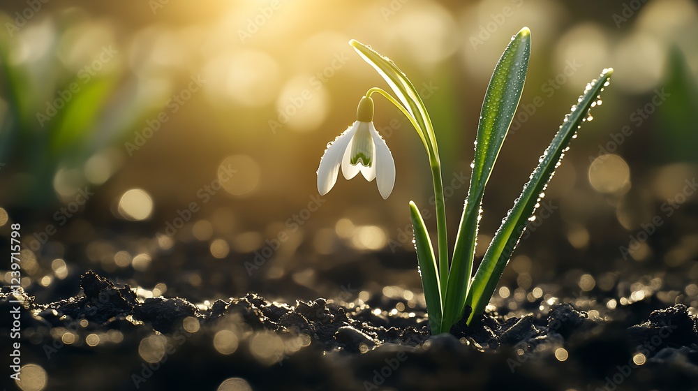 Poster snowdrop bloom glimmering with dew in a peaceful spring landscape : generative ai