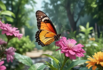 Naklejka premium Der Schmetterling landet auf einer Blume im Garten mit Wasserfarben und Aquarell Stil, garten, sonne, schmetterling