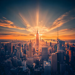 Naklejka premium Cityscape Awakens: Golden Sunrise Illuminates Skyscrapers and Urban Sprawl Dramatically at Dawn