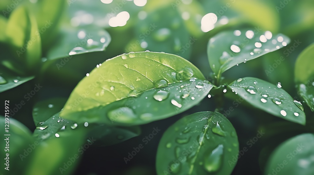 Aufkleber dewy green leaves with sunlight reflections creating a fresh and inviting natural atmosphere : gener
