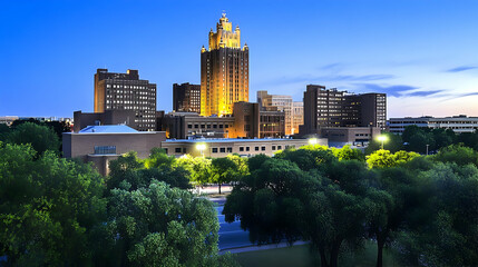 Fototapeta premium Illuminated cityscape at dusk showcases a prominent tower amidst office buildings, nestled within a lush urban park.