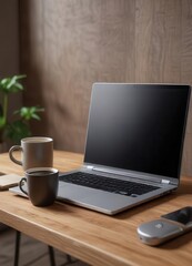 Fototapeta premium Desk laptop with empty black screen on wooden table with cup of coffee nearby, desk, computer, laptop