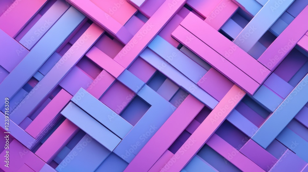 Poster abstract 3d render of interlocking pink and blue rectangular shapes creating a geometric pattern
