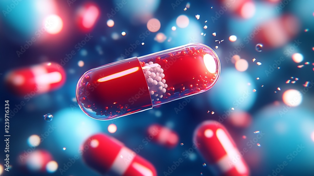 Aufkleber High Resolution Close Up of Colorful Red and White Capsule Floating in Abstract Background : Generative AI