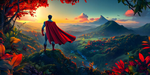 Fototapeta premium Hero Overlooks a Lush Valley at Sunset from a Mountain Peak, a Digital Illustration