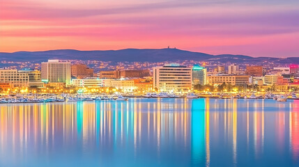 Obraz premium Vibrant Cityscape Reflects in Calm Waters at Sunset with Colorful Sky and Mountain Backdrop