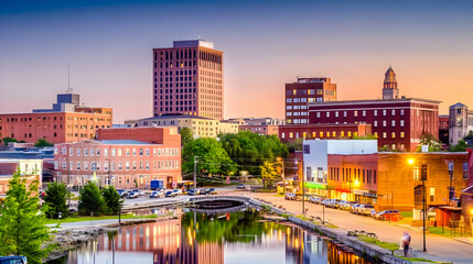 Obraz premium Augusta, Maine skyline reflects beautifully in the Kennebec River at sunset.