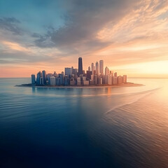 Obraz premium Cityscape at Sunrise: A Coastal Metropolis Awakens Under a Vibrant Sky